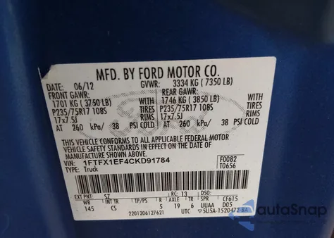 2012 Ford F-150 Stx z USA, uszkodzony, nr VIN 1FTFX1EF4CKD91784